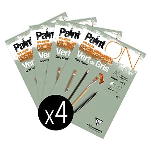 Clairefontaine 975704Cpack Bloc Collé PaintON Multi-techniques - 30 Feuilles Papier Dessin Multi-techniques au Grain Légèrement Rugueux - Vert de Gris - A5 14,8x21 cm 250g - Paquet de 4 Blocs