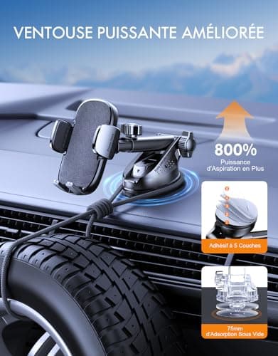 Mohard Support Telephone Voiture, [Jamais de Chute] Ultra Robuste Pied Telephone Voiture Orientable à 360°, Attache Téléphone Voiture Ventouse Compatible avec iPhone 17/16/15 & Autres 4-7" Smartphones