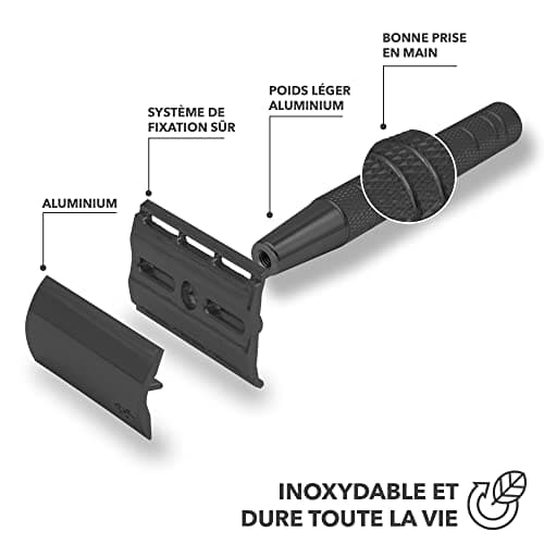 Bamboozy Rasoir de Sureté Kit de Démarrage - Set de Rasage avec 20 Lames, Savon de Rasage et Blaireau de Rasage - Aluminium - Sans Plastique & Zéro Déchet - Rasoir à Double Tranchant (Noir)