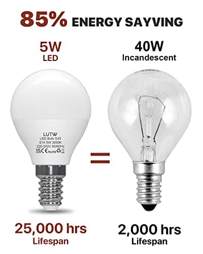 LUTW Ampoule LED E14 G45 Blanc Chaud 3000k, 5W Équivalent 40W, G45 Type Globe Ampoules avec Petit Culot à vis, 480lm, Économie d'Énergie à Angle de Faisceau 220°, Non Dimmable, Lot de 6