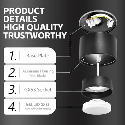 YindaLux Lot de 4 Spot LED de Surface Noir Plafonnier Spot incl. LED GX53 6W 3000K 230V -rond Ø95x55mm -comme Downlight, Spots de Plafond, plafonnier led en aluminium