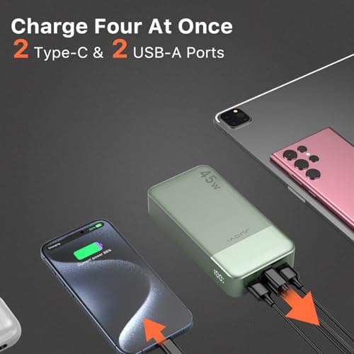 JUOVI Batterie Externe Charge Rapide, Batterie Externe 45w, Power Bank 20000mah, Batterie Externe USB C Charge, PD et QC Charge 4-Ports, avec Affichage LED pour Laptop, Samsung iPhone 16 15 Pro