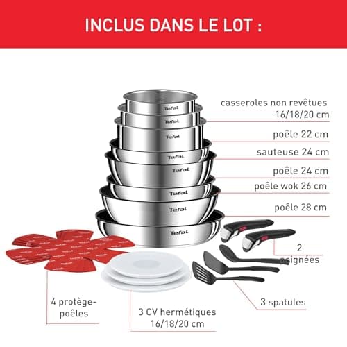 Tefal Ingenio Batterie de cuisine 20 pièces, Poêles, Casseroles, 2 poignées amovibles, Induction, Revêtement antiadhésif, Empilable, Compatible lave-vaisselle, Emotion L897SK04