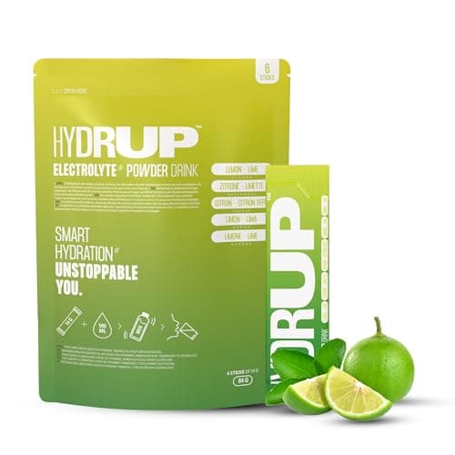 Hydrup Poudre d'Electrolytes sans Sucre, 1733 mg d'Electrolytes Hydratation, Boisson Energisante au Citron-Citron Vert, 6 Unités
