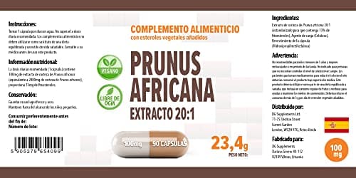 Pygeum Africanum 20000mg Equivalent (100mg d'extrait 20:1) 90 Capsules végétaliennes, Haute résistance, standardisé à 13% de phytostérols, High Strength, Sans Gluten, Sans OGM