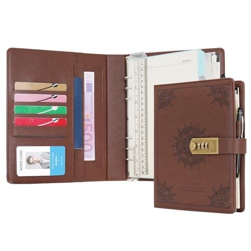 WASON A5 Carnets et journaux avec verrou reliure de notes ligné de planification portfolio et bloc-notes rechargeable stylo organisateur à pince pour entreprise école voyage (Café)