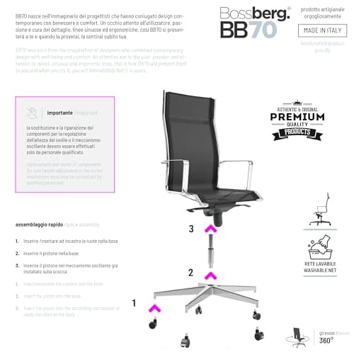 Bossberg BB70 Chaise de Bureau Ergonomique Blanche - Fauteuil Bureau Ergonomique avec Chaise avec Accoudoirs - Chaise Pivotante Design Italien