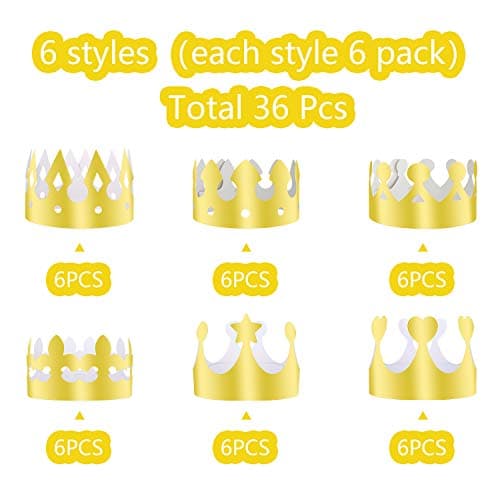 TUPARKA 24 pièces Couronne de Papier couronnes de Roi d'or Feuille d'or fête Couronne Chapeau Casquette pour fête d'anniversaire Accessoires de Photo de Douche de bébé (6 Styles)