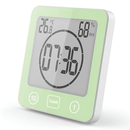Horloge de Salle de Bain, Horloge de Douche Contrôle Tactile étanche, Alarme Numérique LCD, Thermomètre Hygromètre, Minuterie de Compte à Rebours, Alimenté par Pile, pour Maquillage Cuisine (Vert)