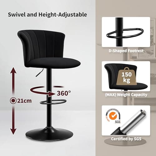 STOOLINK Tabouret de Bar Lot de 2 Chaise de Bar Tissu Velours Soie, Cuisine Siège Bar Réglables Chaises Bar, Tabourets de Bar avec Repose-Pieds, Convient pour Cuisine, Comptoir, Bar-Noir