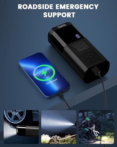 TANYO Compresseur à Air Portatif, 150PSI Gonfleur Pneus Voiture sans Fil avec Lumière LED, Pompe a Velo Electrique, Mini Compresseur Voiture 12V DC pour Vélo, Moto, Scoote, Balle
