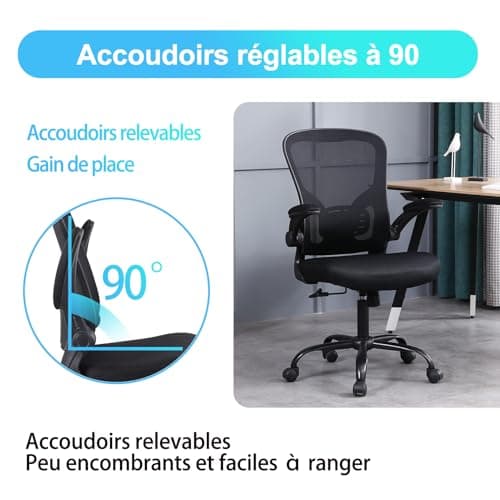 Youhauchair Chaise Bureau, Fauteuil de Bureau avec Accoudoirs Rabattables, Chaise de Bureau Ergonomique Confortable avec Soutien Lombaire, Noir