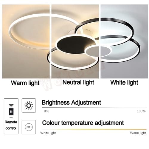 WJYCYN Dimmable Grand salon lampe LED 6 anneau Blanc plafonnier Luminaires de chambre modernes avec télécommandes éclairage de plafond métal acrylique bureau salle à manger 6 Lumières L80cm 70W