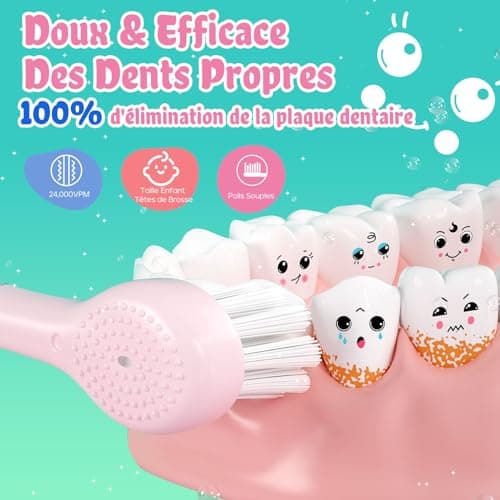 seago recharge brosse a dent enfant, brosse a dent electrique enfant de 2 ans à 6 ans, brosse a dent bebe avec lumière LED 8 têtes, minuteur et vibrations (rosa)