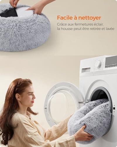 Feandrea Panier pour Chien, Lit Ronde en Forme de Beignet, Canapé, Coussin Central Amovible et Lavable, Tissu Peluche Doux, Ø40 cm, Gris Ombré PGW036G01