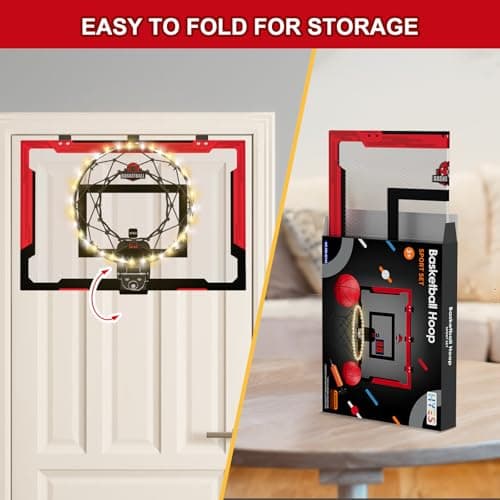 HYES 24" x 16" Panier de Basket Interieur pour Enfants, Panier de Basket avec Scoreboard et éclairage, Panier Basket Chambre avec 2 Ballons, Pompes, Jouet de Sport pour extérieur, Rouge