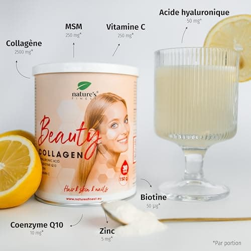 Nature's Finest by Nutrisslim Collagene et Acide Hyaluronique - Anti Ride, Repousse Cheveux - Collagene en Poudre Avec Q10 Coenzyme, Biotine, Zinc, Acide Hyaluronique - Testé, Sans Additifs