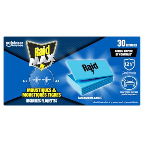 Raid Max Recharges Diffuseur Electrique Plaquettes - Anti-Moustiques et Moustiques Tigres - Protection Efficace - Sans Parfum - 30 Recharges