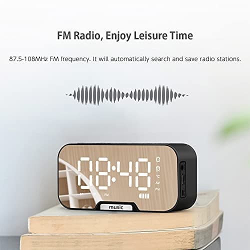 Funien Réveil, Réveil de Surface de Miroir numérique avec Haut-Parleur BT et Radio FM et Affichage de la température Double alarmes Horloge de Bureau électronique Lecteur
