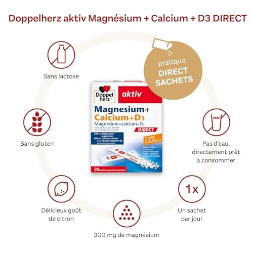 Doppelherz Magnésium + Calcium + D3 Direct – Micro-granulés associant – Le magnésium soutient une fonction musculaire normale – 20 sachets