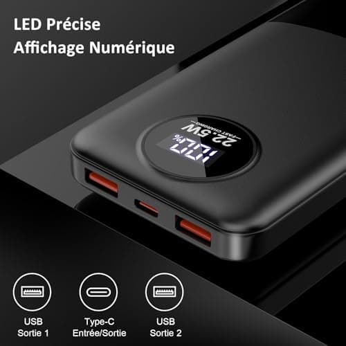 Dbasne Batterie Externe, 22.5W 10000mAh Power Bank Charge Rapide, Batterie Portable PD QC4.0 USB C Input & Output, Power Bank Compatible avec iPhone 15 14 13 Pro Max Samsung Galaxy Xiaomi Huawei
