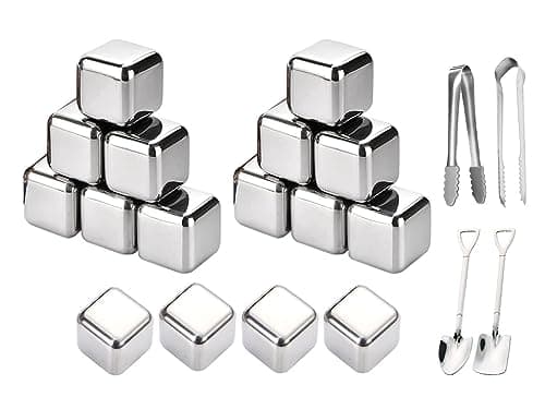 Hitopin Glaçons en Acier Inoxydable, 16PCS Glacons Réutilisables, Glaçons Whisky, avec Clips+Cuillère, Whisky en Acier Inoxydable Glaçons, pour Refroidissement du Vodka Vin Bière Whisky Cocktail