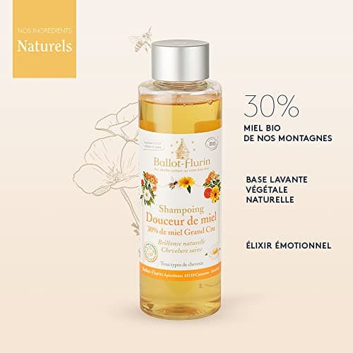 Ballot Flurin - Shampoing Douceur Miel - LAVE, NOURRIT, APAISE - Brillance naturelle, Chevelure saine - 30% Miel bio - Tout type de cheveux - Fabriqué en France - certifié Cosmébio - 250 ml