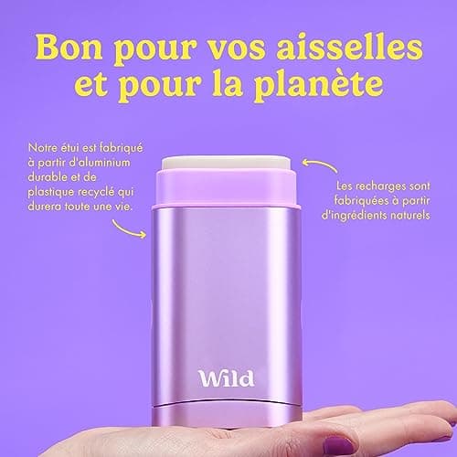 Wild - Déodorant Naturel Rechargeable - Sans Aluminium - Etui Violet avec Lot Varié de Recharge (3 x 40g) - Comprend Fresh Cotton & Sea Salt, Jasmine & Mandarin et Coconut & Vanilla - Végan