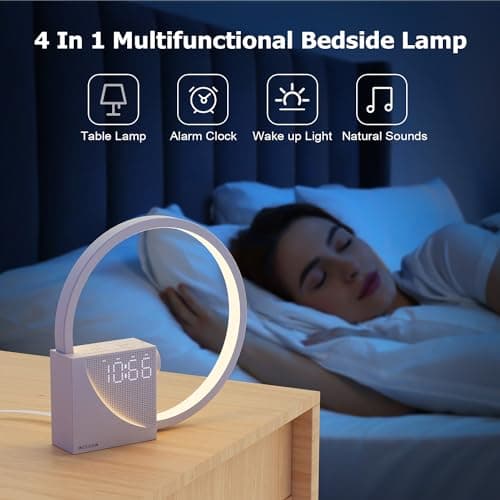 Lampe de chevet Touch Dimmable avec fonction de charge USB, Lampe de chevet LED avec réveil, Lumière Wake Up avec deux alarmes 3 niveaux de luminosité et 10 sons naturels pour chambre à coucher salon