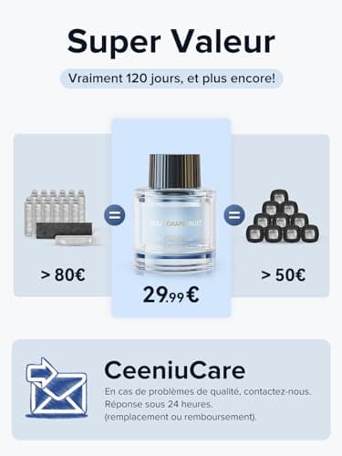 Desodorisant Voiture Ceeniu, F26 Diffuseur de Voiture, Atomiseur à Ultrasons, Concentration Réglable, Marche/Arrêt Automatique, Parfum Naturel Français 45 ML, Durée 6 Mois,Parfum de Vanille Velours