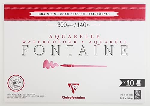 Clairefontaine 975514C Bloc Encollé 1 Côté Fontaine - 10 Feuilles Papier Aquarelle Blanc 100% Coton Grain Fin Qualité Professionnelle 36x51 cm 300g