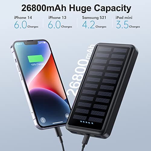 Batterie Externe 26800mAh, Solaire Power Bank USB C 15W PD 3.0A Charge Rapide, 3 Sorties 3 Entrées Chargeur Solaire avec LED Lampe de Poche Batterie Portable Compatible avec iPhone/Samsung etc