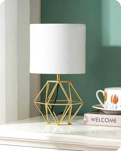EDISHINE Lampe de Chevet avec Abat-jour en Lin Blanc et Base Doré Métallique en Forme de Diamant, E14 Ampoule LED Incluse de 2700K Blanc Chaud, Lampe de Table Moderne pour Chambre, Bureau, Salon