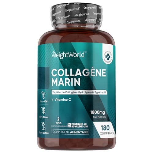 COLLAGENE MARIN Type 1-3 + Vitamine C 180 Comprimés Purs & Naturels - Alternative aux Gellules Collagène Marin Hydrolysé - 1836mg Collagène & Vitamine C - Hydratation de la Peau, Os & Articulations