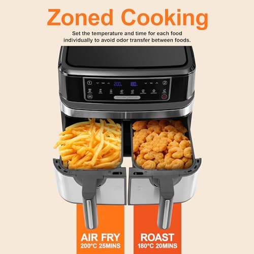 Air Fryer avec Double Compartiment, Emphsism Friteuse Sans Huile 9L Avec 8 Programmes 2600W, Friteuse à Air Chaud, Fonctions Match Cook & Smart Finish, Friteuse Electrique avec LED Écran Tactile