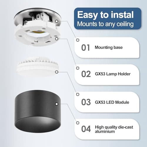 GeyouLux 4x Spots de Plafond Noir - Ø84x50mm - 6W 680LM Spot LED - 3000K LED GX53 230V Inclus - Angle du faisceau 180° - Aluminium Luminaire Plafonnier