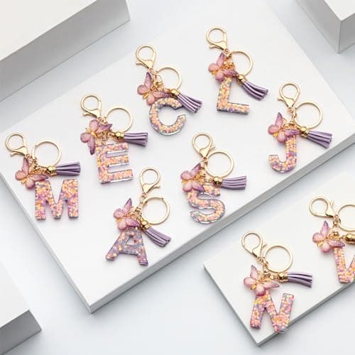 CHUQING Porte-clés pour fille - Pendentif en forme de papillon - Avec initiales - Cadeau pour femme, Lilas D, S