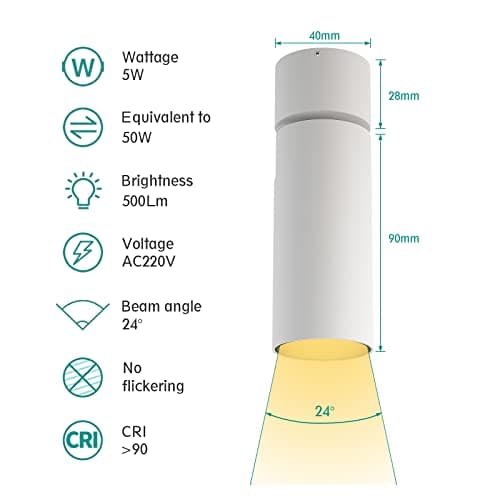ESOP Spots De Plafond Angle Réglable 350°/90°, Plafonnier LED Spot 5W 500LM 3000K CRI>90 Applique De Plafond, Luminaire Plafonnier Spot LED Pour Salon, Couloir, Hôtels, Restaurants (Blanc)