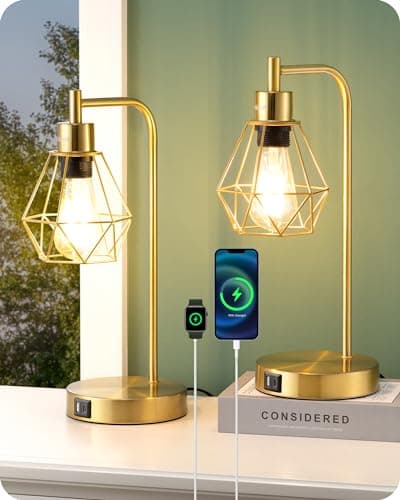 EDISHINE Lampe de Table LED E27 Ampoule Dimmable à 3 Niveaux, USB A & USB C Port de Charge, Contrôle Tactile, Lampe de Chevet Industrielle avec Abat-jour en Forme de Diamant, Doré, 2pcs