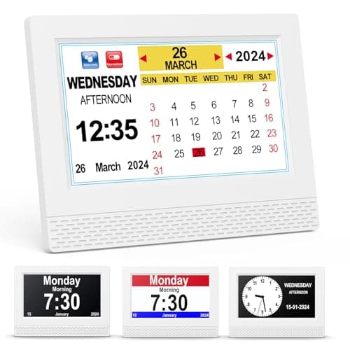 Horloge Numérique Calendrier, 7" Pouce LCD Auto Dimming 10 Langues avec Date Jour et Heure Horloge Non-Abrégée, Plusieurs Modes pour Vision Altérée Alzheimer Les Personnes âgées - Blanc
