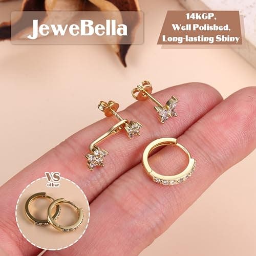 JeweBella 3 Paires Boucles d'oreilles Argent 925 pour Femme Plaquée Or 14 Carats Petites Clou d'Oreilles Mini Boucles d'Oreilles Créoles pour Plusieurs Piercings Oreille Cartilage