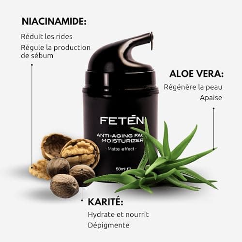 FETĒN Crème Hydratante Anti Rides Visage Homme Effet Matifiante - Soin Anti Age de Jour et de Nuit - Skincare for Men Cream à l'Acide Hyaluronique pour tous types de Peaux (Pack 1 Unité)