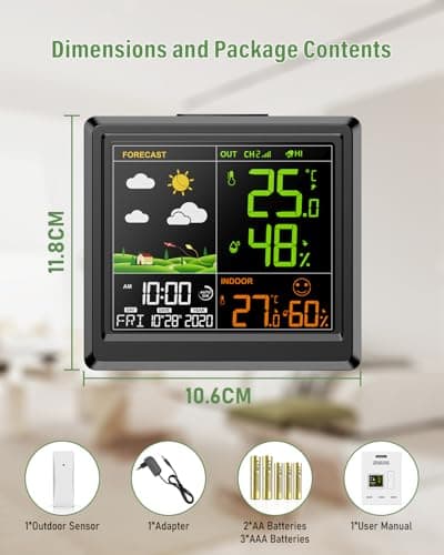 Station Météo Interieur Exterieur Sans Fil | Hygromètre Thermomètre Numérique Intérieur et Extérieur | Avec Horloge Numérique Alarme | Ecran LCD Couleur Rétro-Éclairé | Prévisions Météo | Noir
