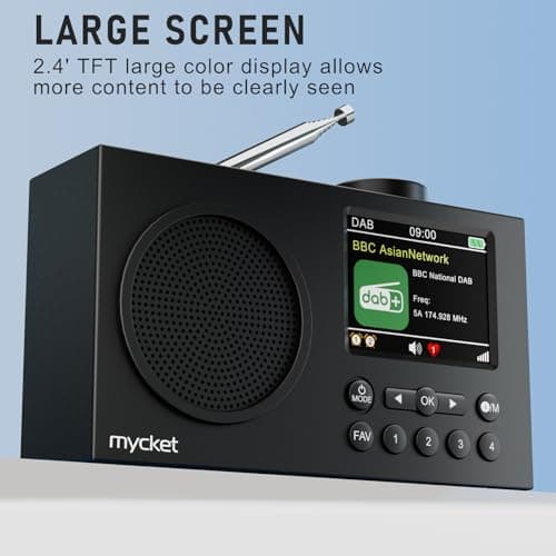 Mycket Radio Dab Portable, Radio Numérique Dab Plus avec Bluetooth, Radio FM Rechargeable, Radio de Cuisine, Double Réveil,Minuterie de Mise en Veille, 40 Stations Préréglées,Grand écran Couleur 2,4"