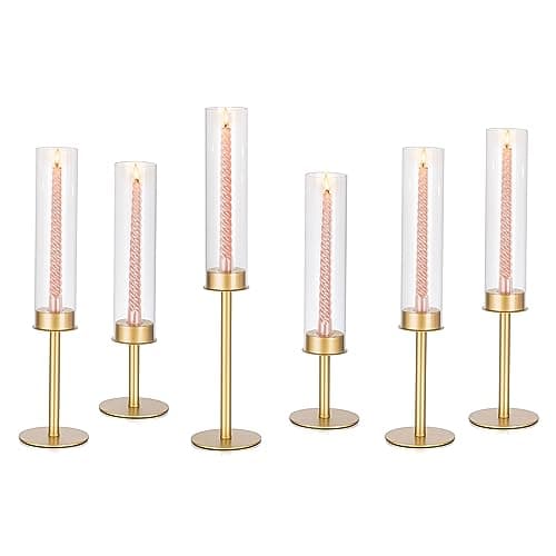 Glasseam Bougeoir en Verre Transparent, Bougeoirs en Or Mat pour Bougies, Lot De 6 Grands Bougeoirs, Support De Bougie Bougeoirs De NoëL DéCoration pour Tables De Salle à Manger