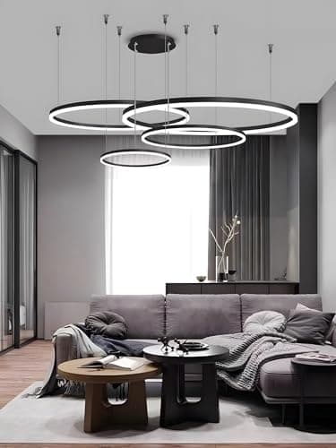 YYUTLUO Lustre LED Moderne DIY Cercle | 5 Noire Anneaux :20+40+60+80+100cm=130W | Éclairage Suspendu LED Métal+Acrylique Télécommande Intensité Variable 2,4G Lampe Suspendue Plafond Ronde Salon