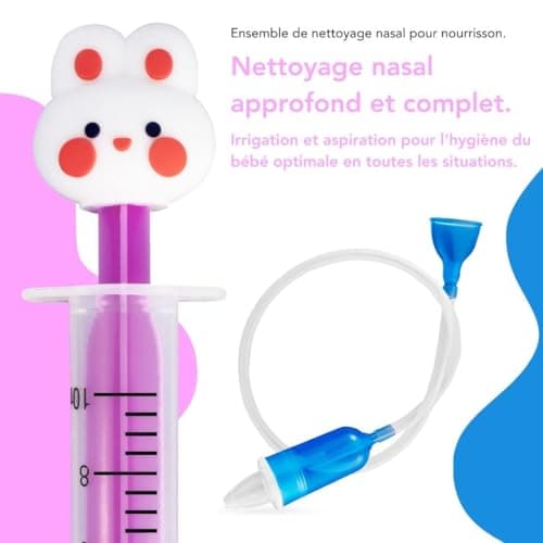 Seringue nasale bébé - Mouche Bébé - 2 Seringues et 10 Embouts de Rechange en Silicone Doux. Seringue 10 ml avec des Animaux.