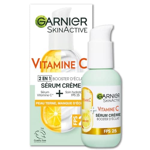 GARNIER Skin Active - Sérum Crème Booster D'Éclat 2-En-1 - Hydratation 72h & Éclat - FPS 25 - Vitamine C & Agrumes - Vegan & Cruelty Free - Peaux Ternes En Manque D'Éclat - 50 ml