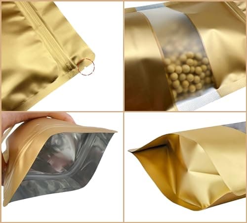 Rimiko 100 Pcs Sachets Alimentaires Debout avec Fenêtre Transparente, Sachet Zip Refermable Aluminium Stand up, Sac Pochette Mylar pour Conservation des Aliments (Doré,10x15 cm)