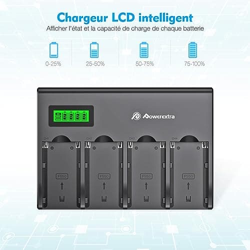 Powerextra NP-F970 Batteries Lot de 4 Batteries et Chargeur 4 canaux pour NP-F970, NP-F960, NP-F950, NP-F930, NP-F770, NP-F750, NP-F570, NP-F550